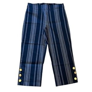 Attyre Women's Blue Stripe Pull On Capri Pants Petite Stretch‎ 10P Button Hem